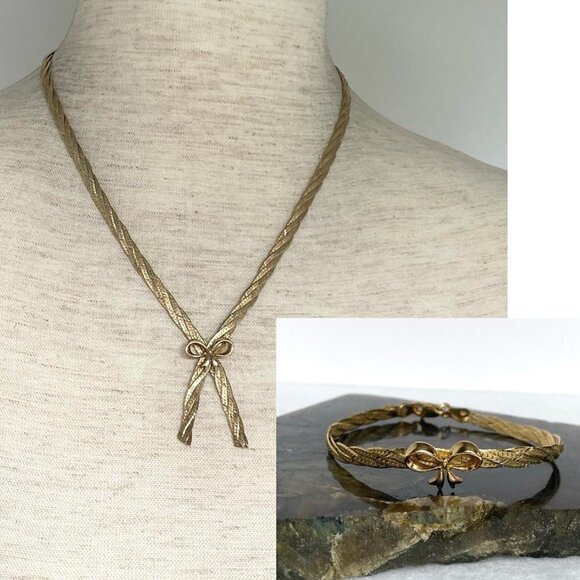 Gold Vermeil Sterling Silver 925 Italy Bow Herringbone Necklace & Bracelet Set - Picture 1 of 16
